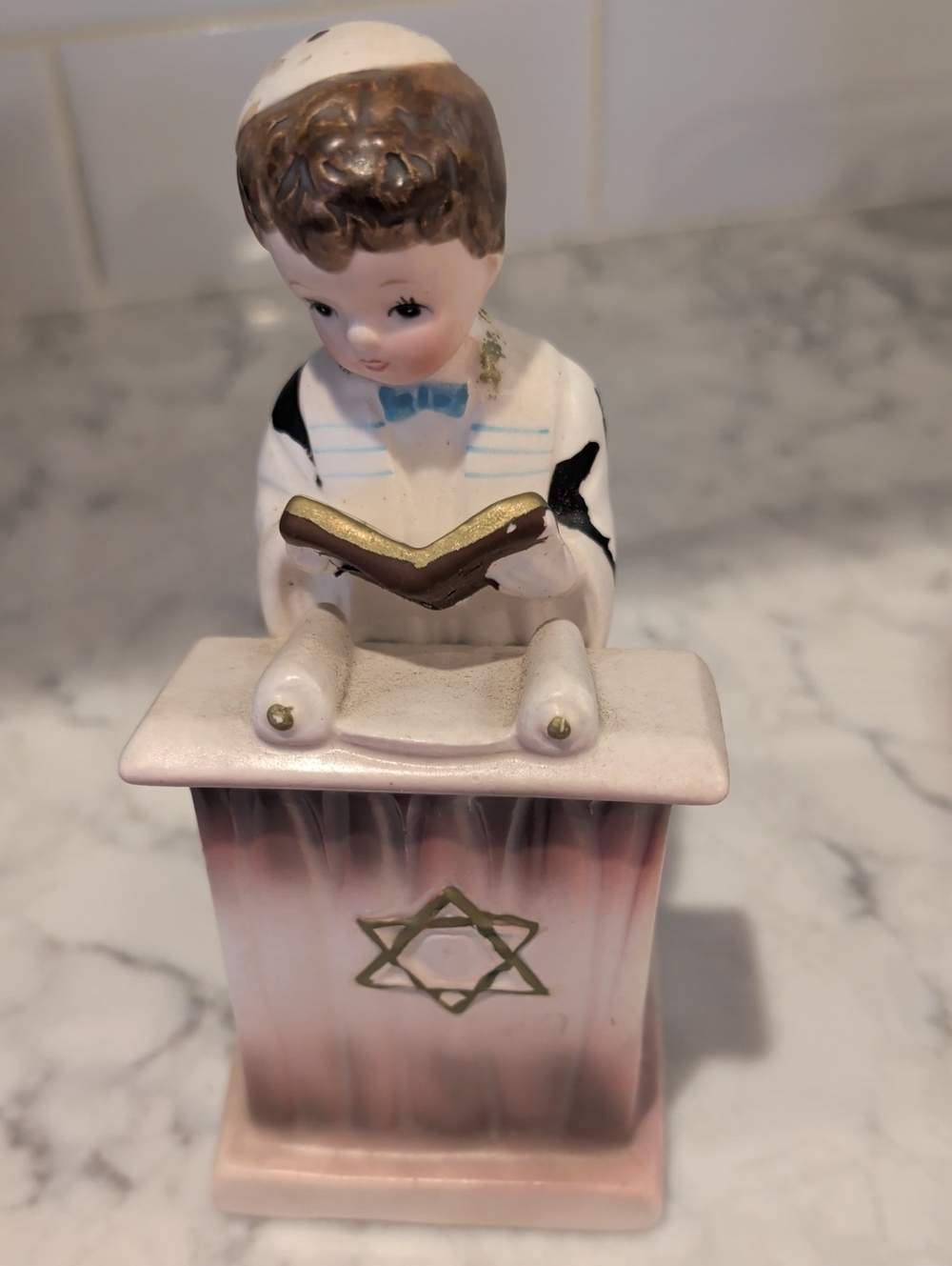 Vintage Porcelain Boy at Lectern Figurine in Pink and White -